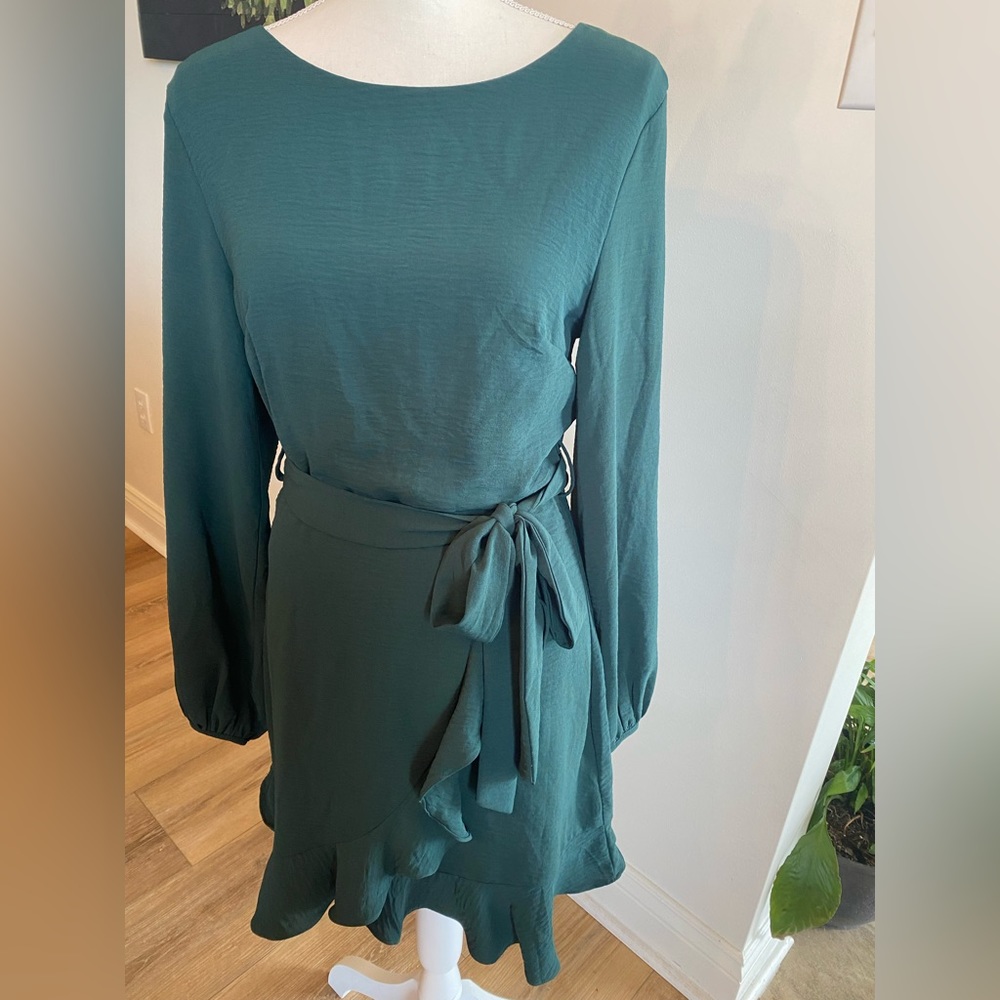 She + Sky, med. forrest green dress w/ ruffles/sash/long sleeve/zipper.